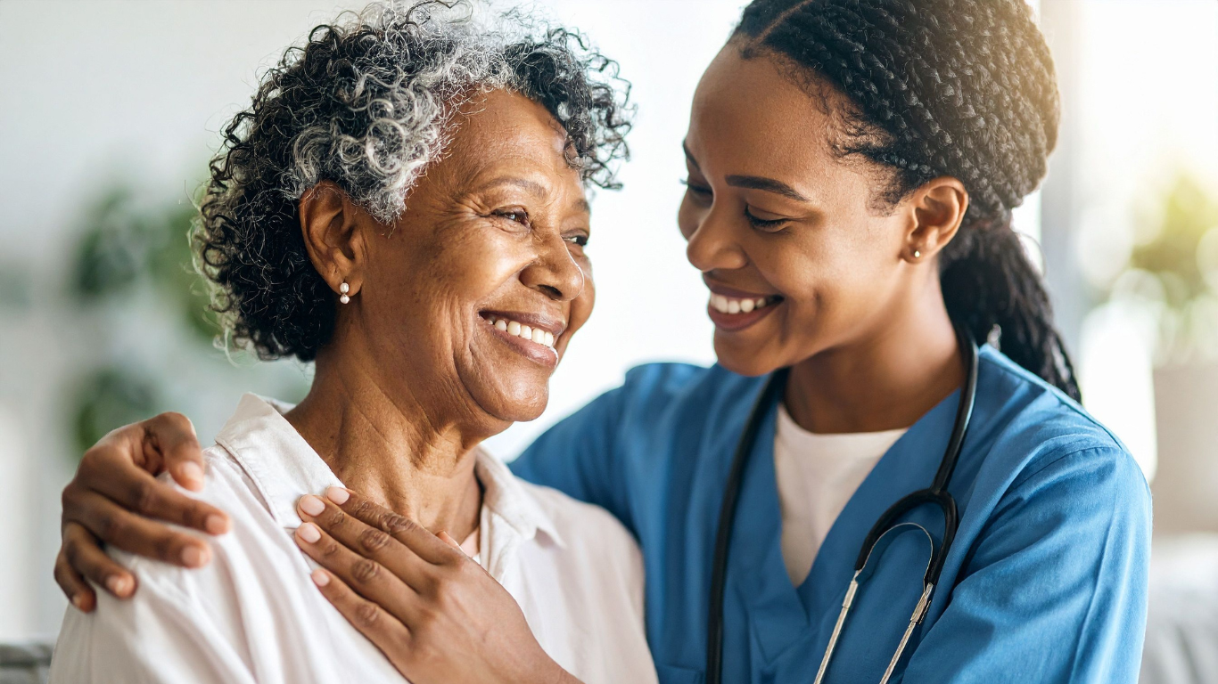Senior woman smiling at nurse