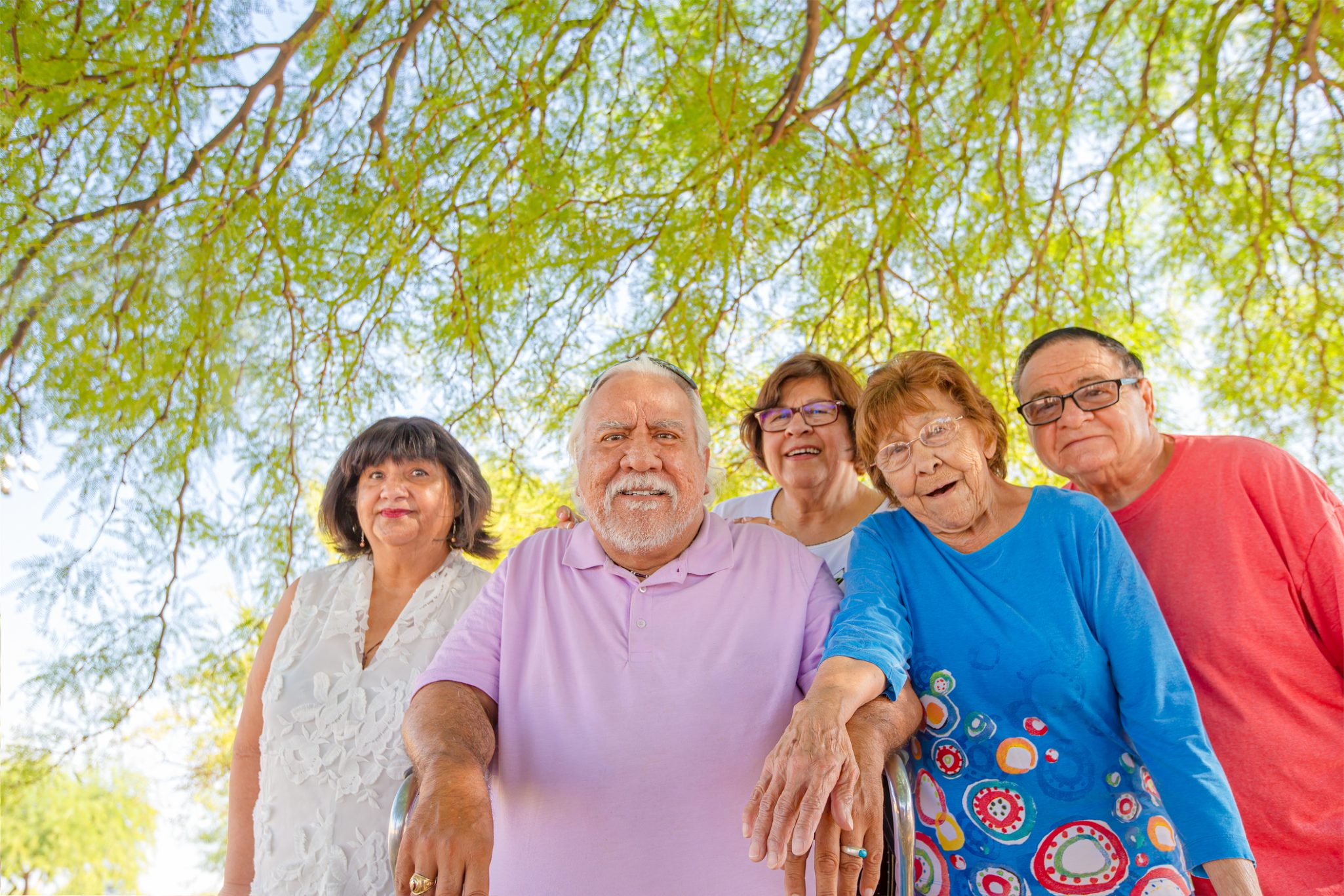 Smiling group of senior friends under a tree