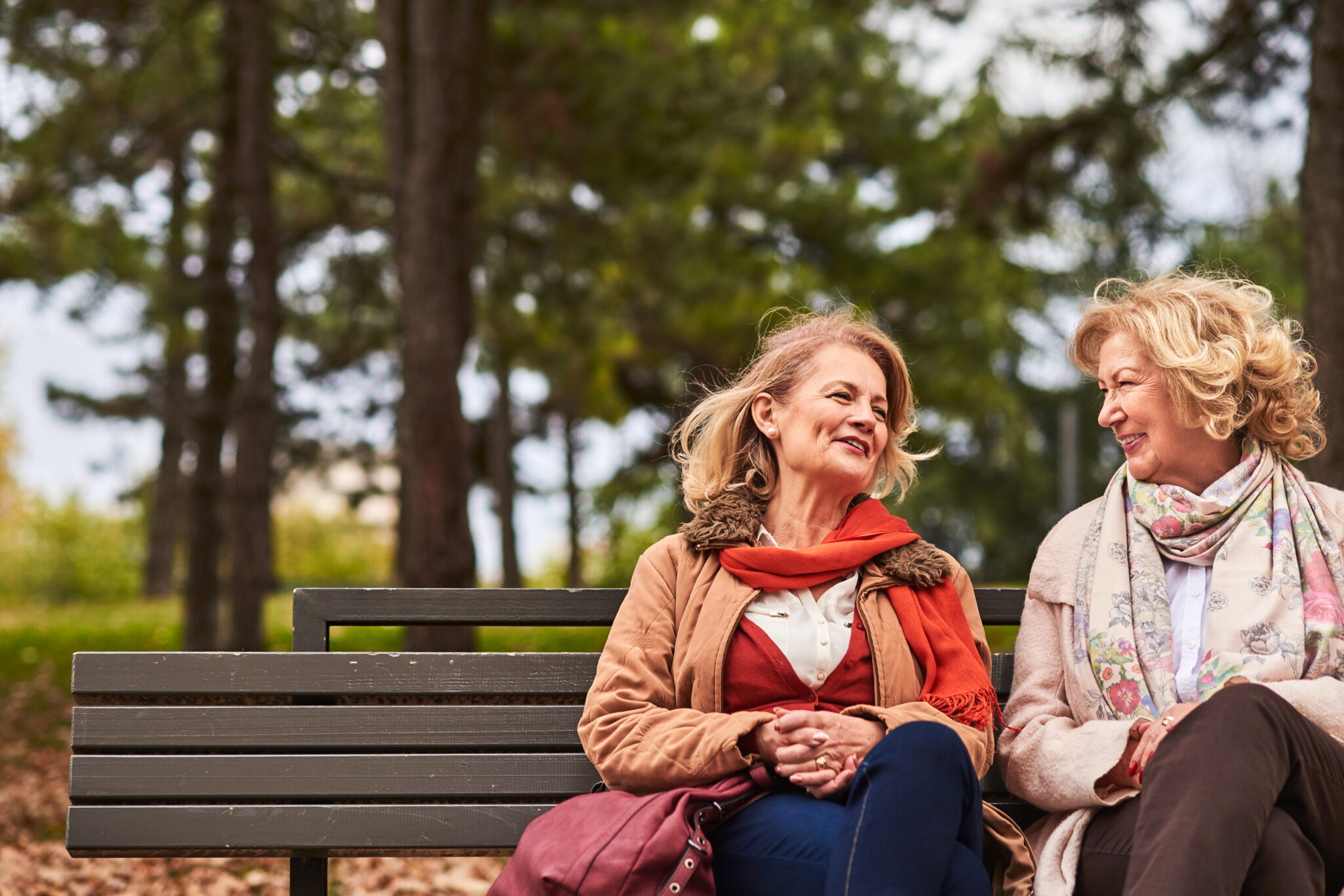 Two older women sit on a park bench and talk together